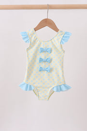 Yellow Shell Print Bow Ruffle Swimsuit