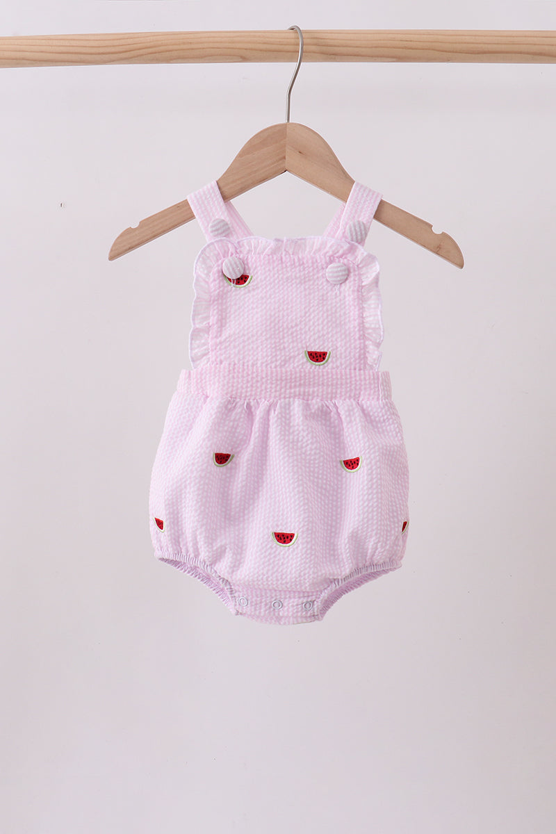 Pink Stripe Watermelon Embroidery Seersucker Ruffle Bubble