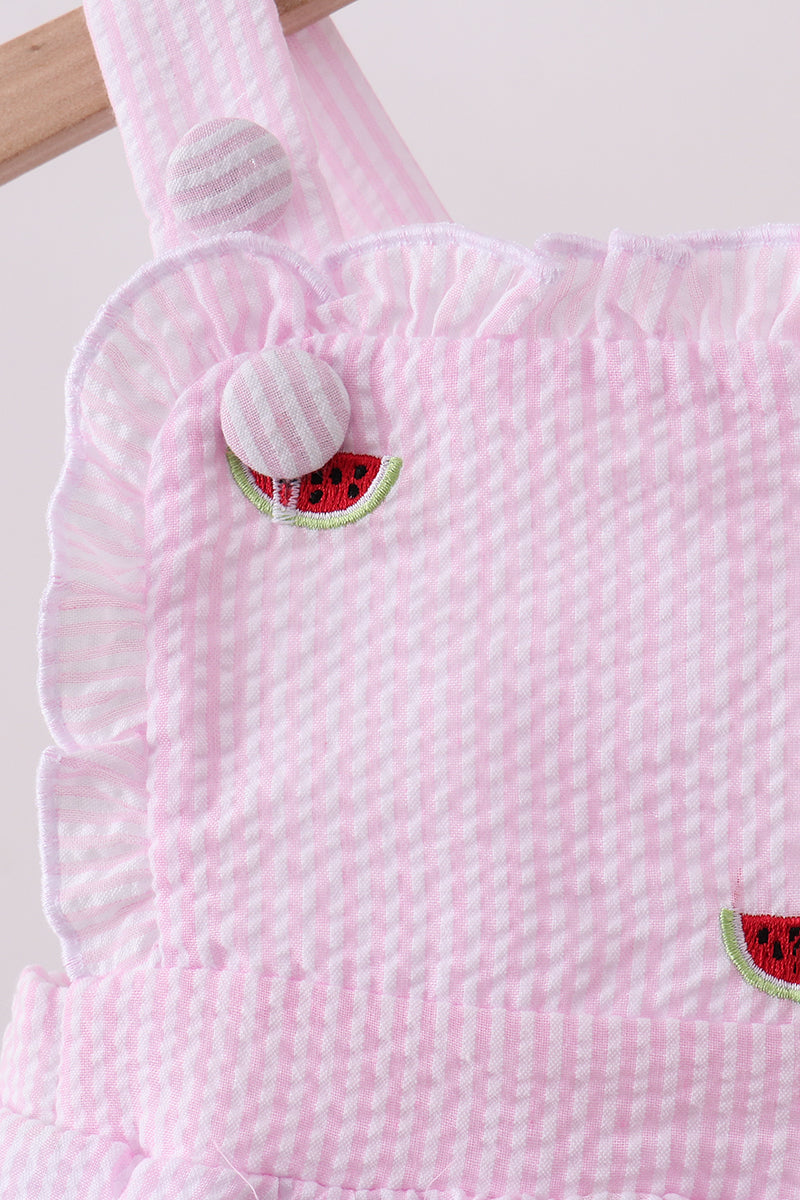 Pink Stripe Watermelon Embroidery Seersucker Ruffle Bubble