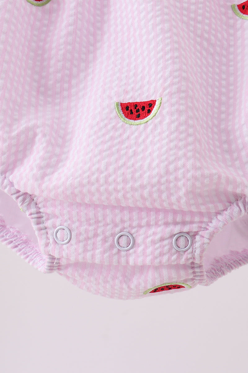 Pink Stripe Watermelon Embroidery Seersucker Ruffle Bubble