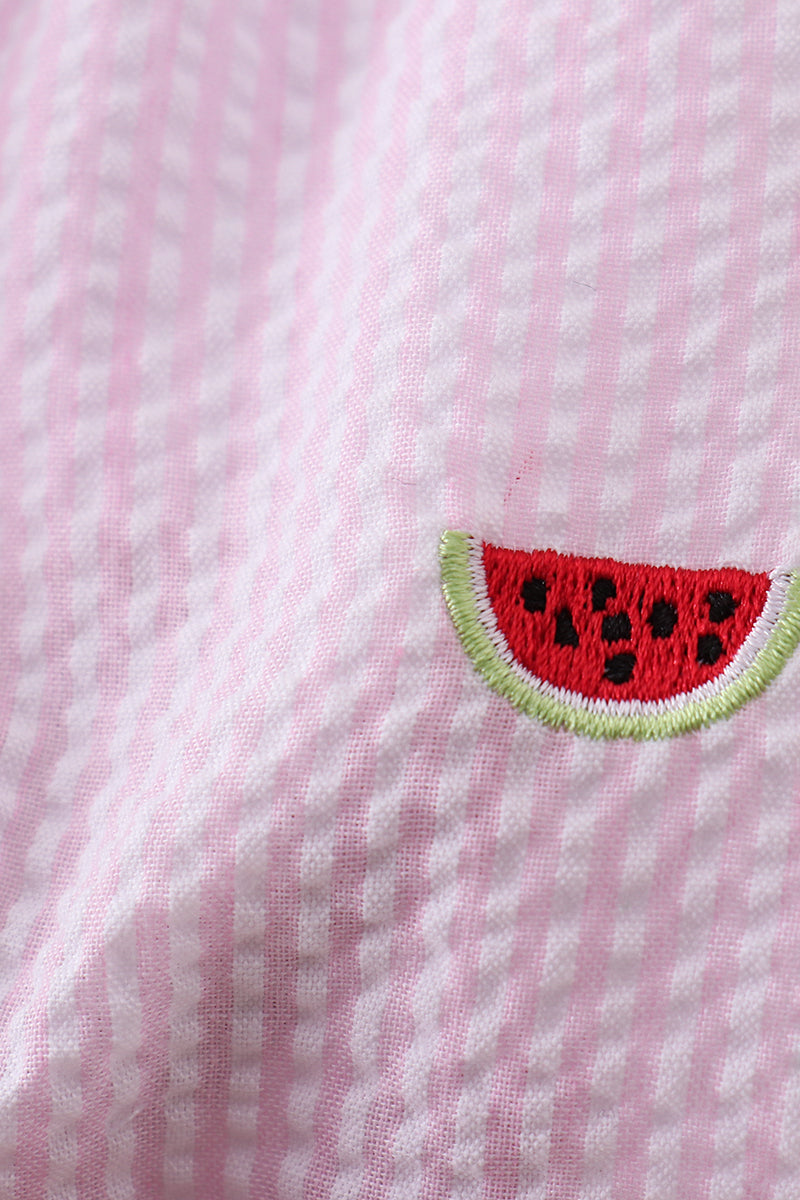 Pink Stripe Watermelon Embroidery Seersucker Ruffle Bubble
