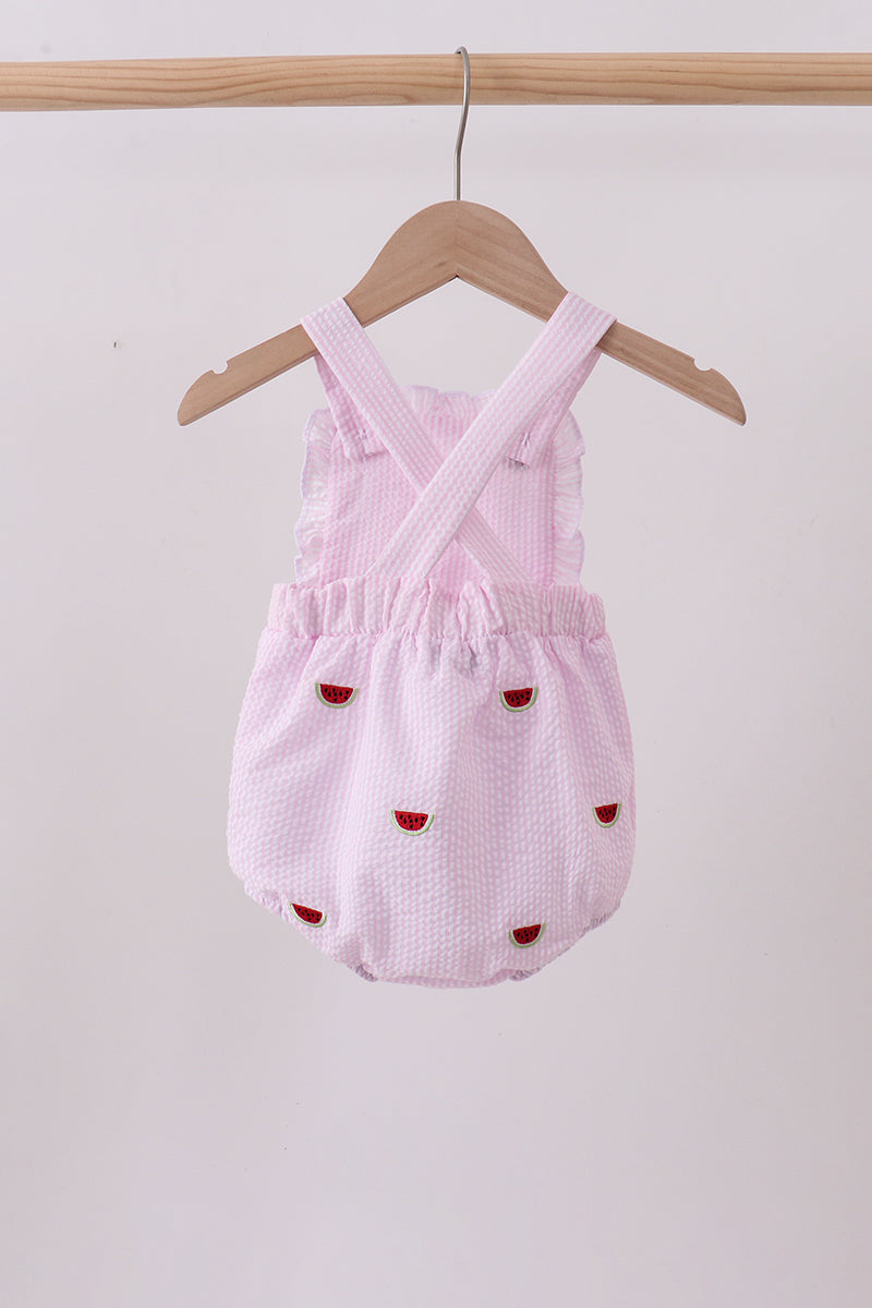 Pink Stripe Watermelon Embroidery Seersucker Ruffle Bubble