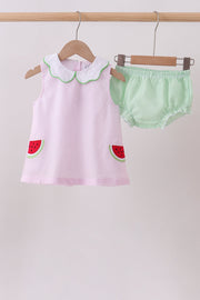 Pink Stripe Watermelon Embroidery Seersucker Bloomer Set
