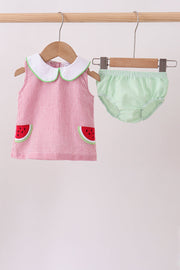 Red Stripe Watermelon Embroidery Seersucker Bloomer Set