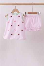 Pink Stripe Watermelon Embroidery Seersucker Shorts Set