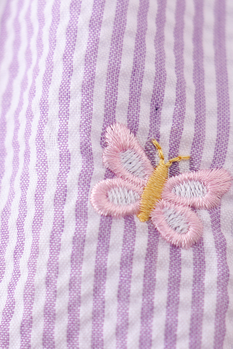 Purple Seersucker Butterfly Embroidery Ruffle Bubble