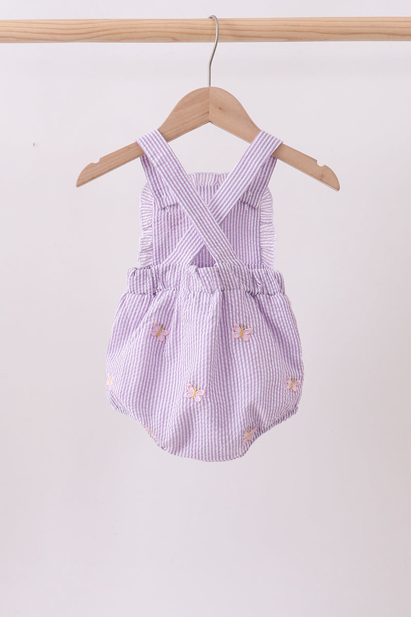 Purple Seersucker Butterfly Embroidery Ruffle Bubble