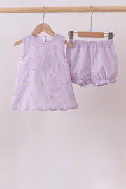 Purple Seersucker Butterfly Embroidery Shorts Set