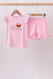 Pink Apple Pencil Embroidery Short Set