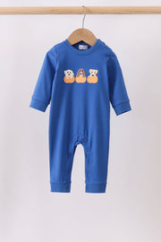 Royal Blue Puppy Pumpkin Embroidery Romper