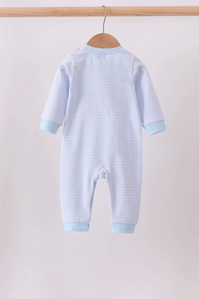 Blue Stripe Puppy Embroidery Romper