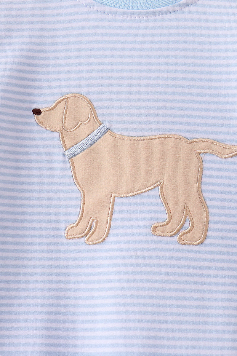 Blue Stripe Puppy Embroidery Romper