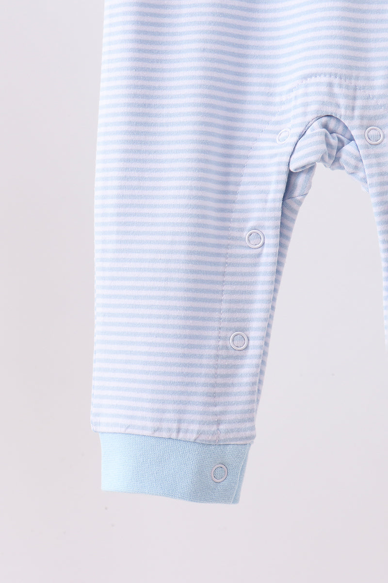Blue Stripe Puppy Embroidery Romper