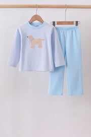 Blue Stripe Puppy Embroidery Pants Set