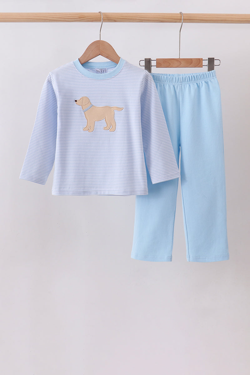 Blue Stripe Puppy Embroidery Pants Set
