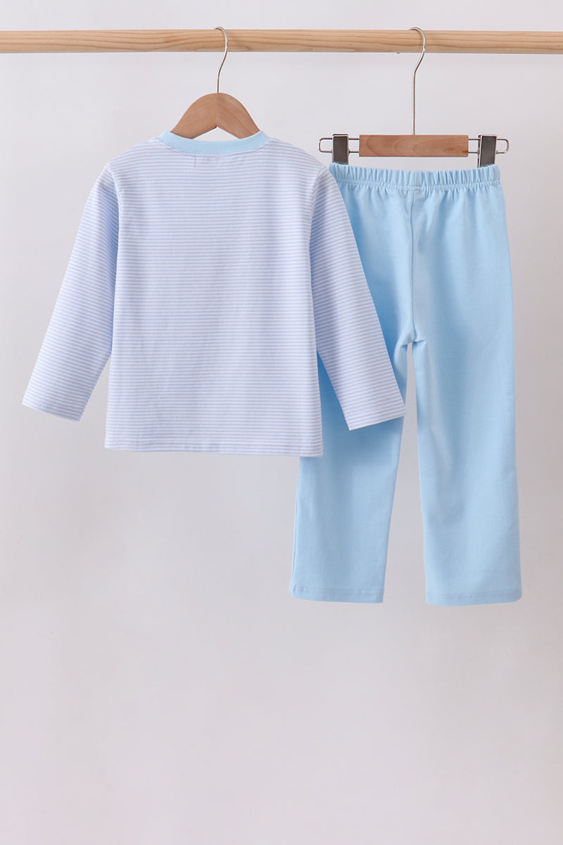 Blue Stripe Puppy Embroidery Pants Set