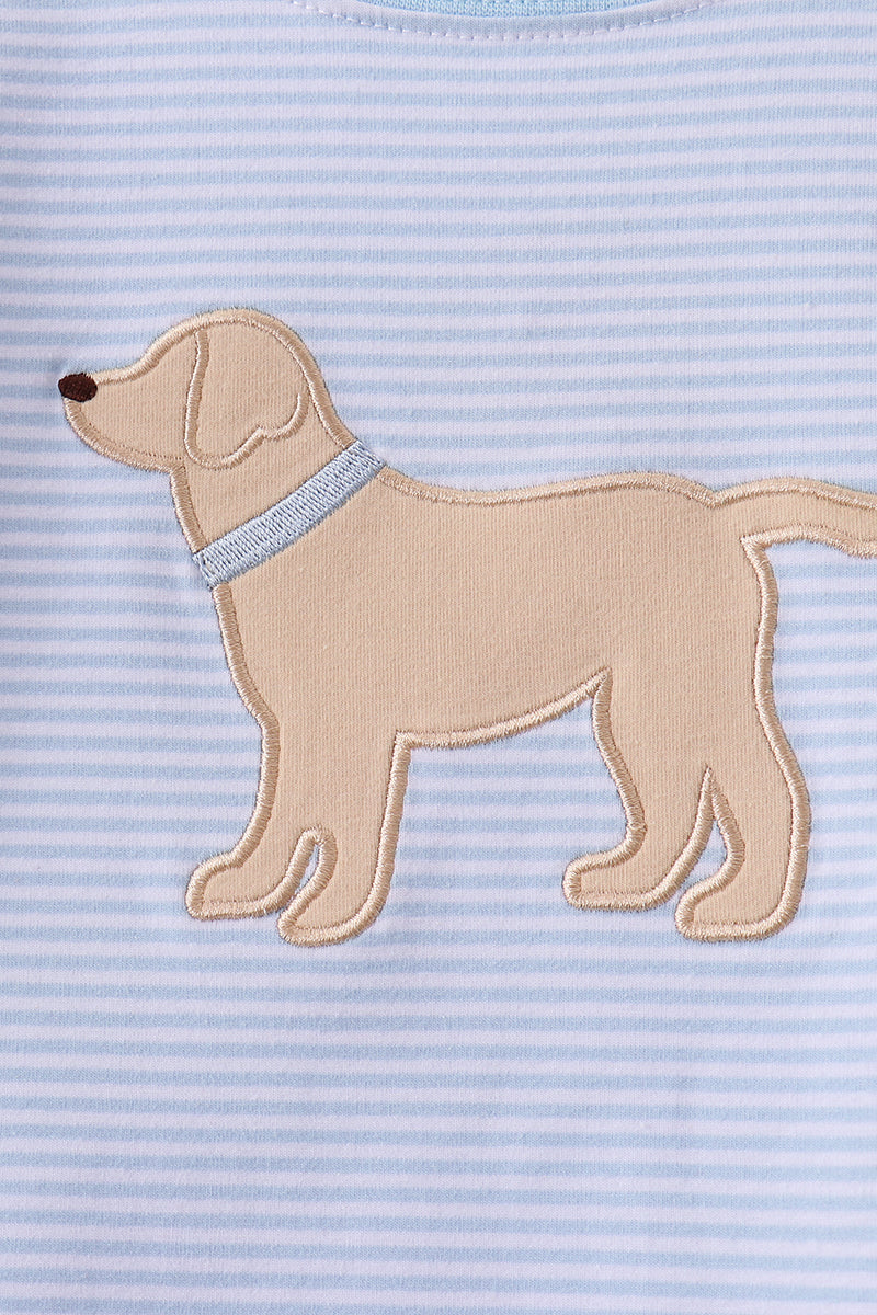 Blue Stripe Puppy Embroidery Pants Set