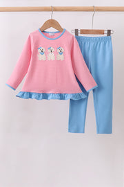Pink Puppy Embroidery Ruffle Pants Set