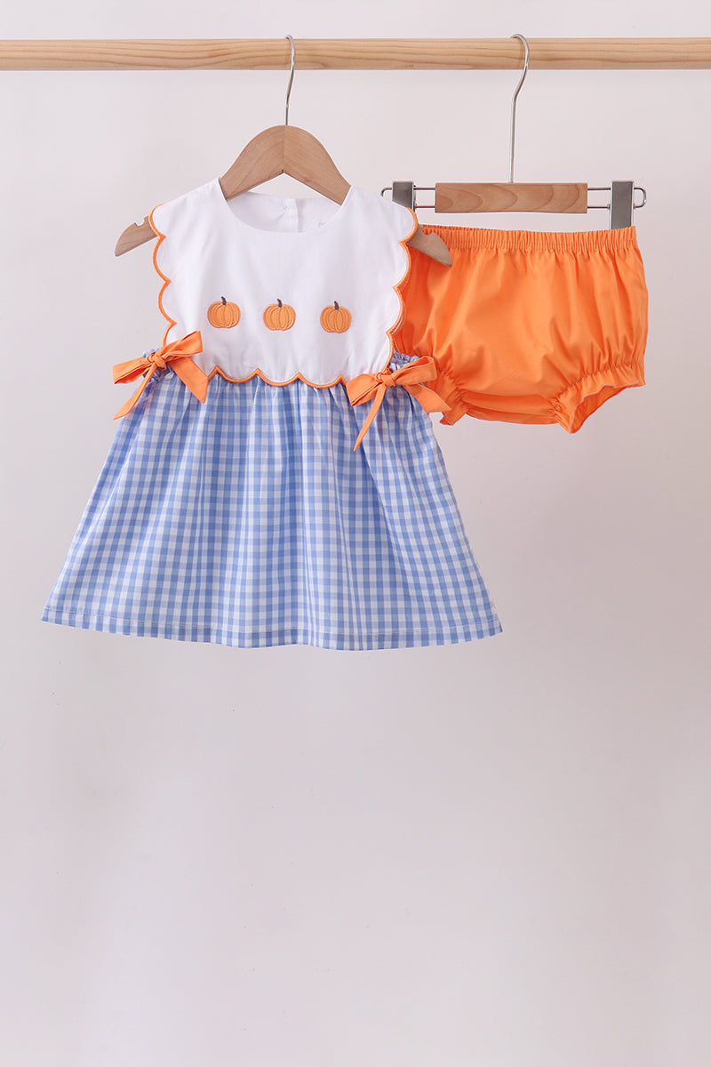 Blue Gingham Pumpkin Embroidery Bloomer Set