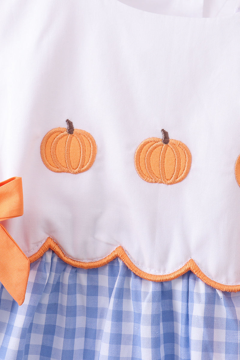 Blue Gingham Pumpkin Embroidery Bloomer Set