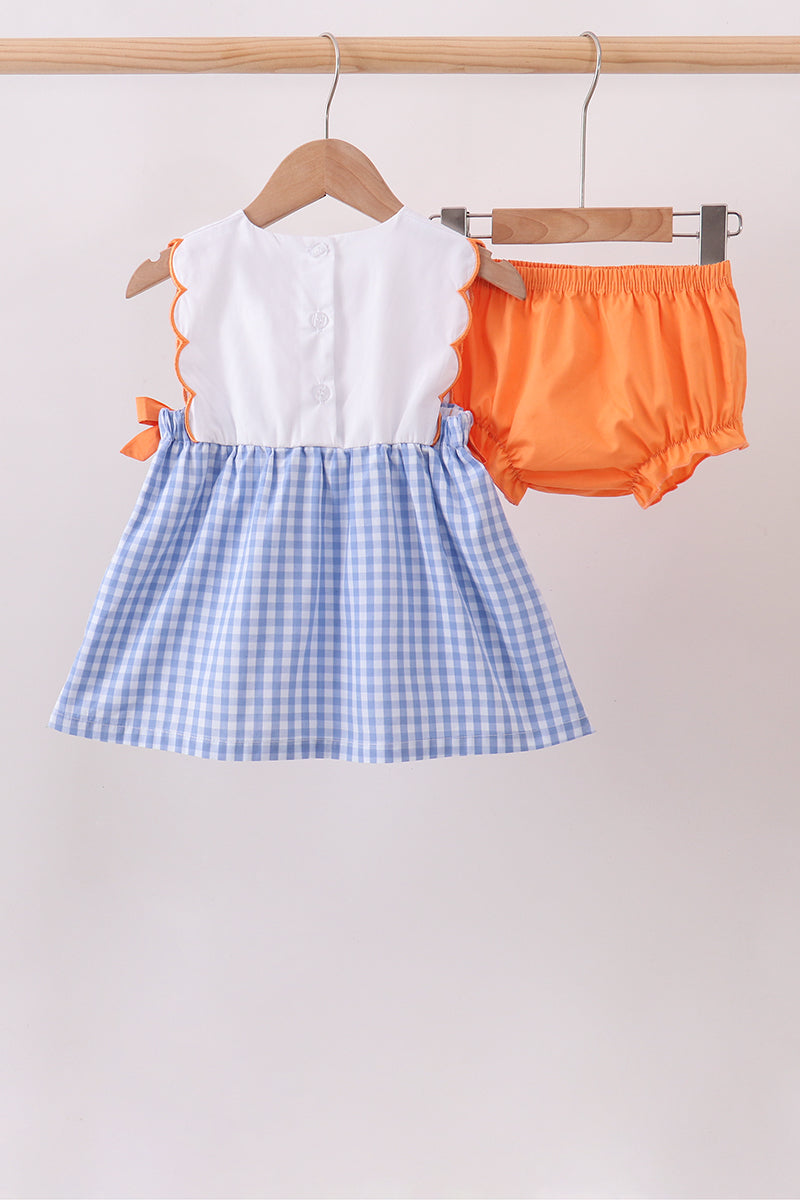 Blue Gingham Pumpkin Embroidery Bloomer Set