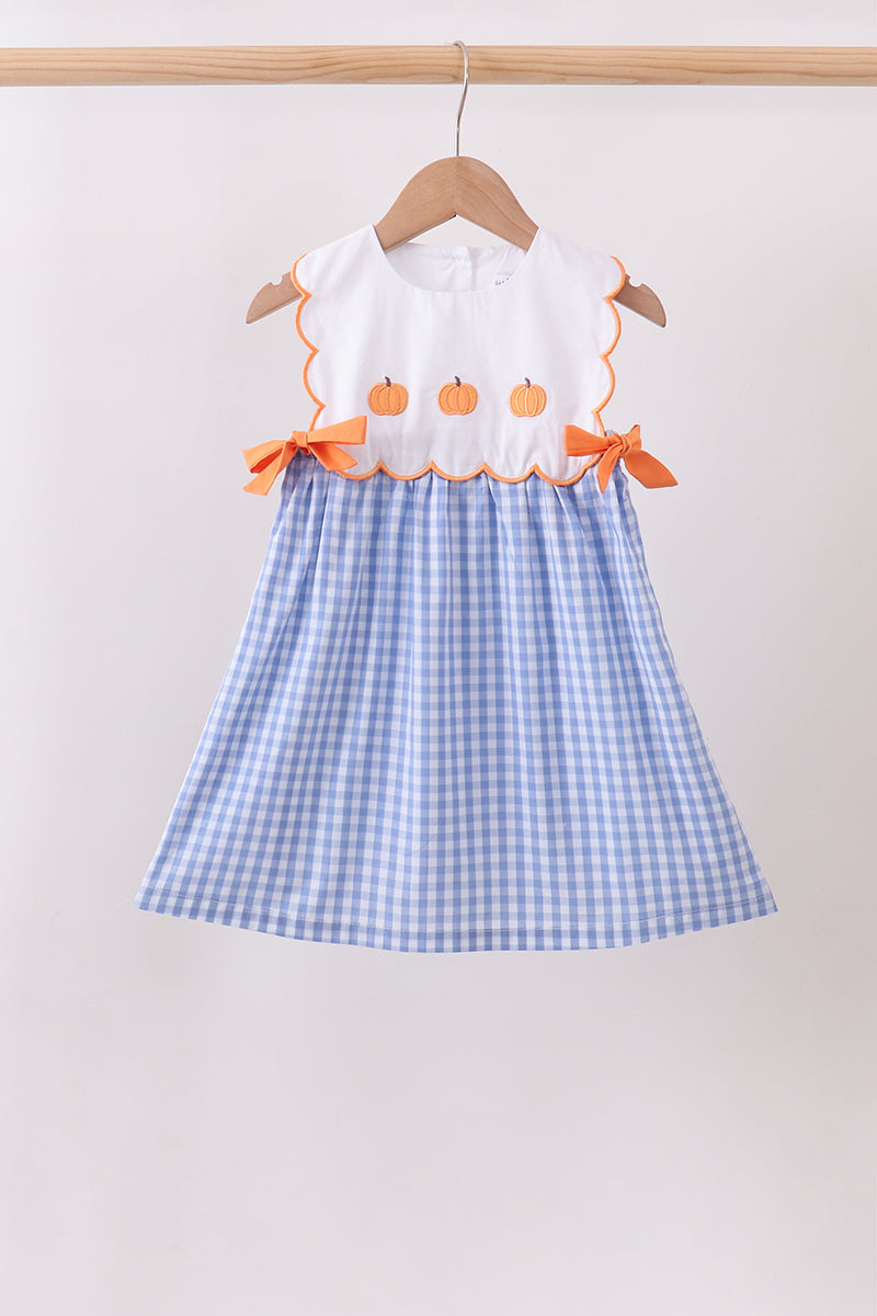 Blue Gingham Pumpkin Embroidery Bow Dress