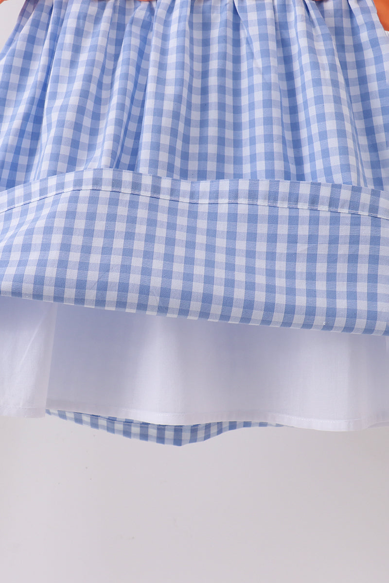 Blue Gingham Pumpkin Embroidery Bow Dress