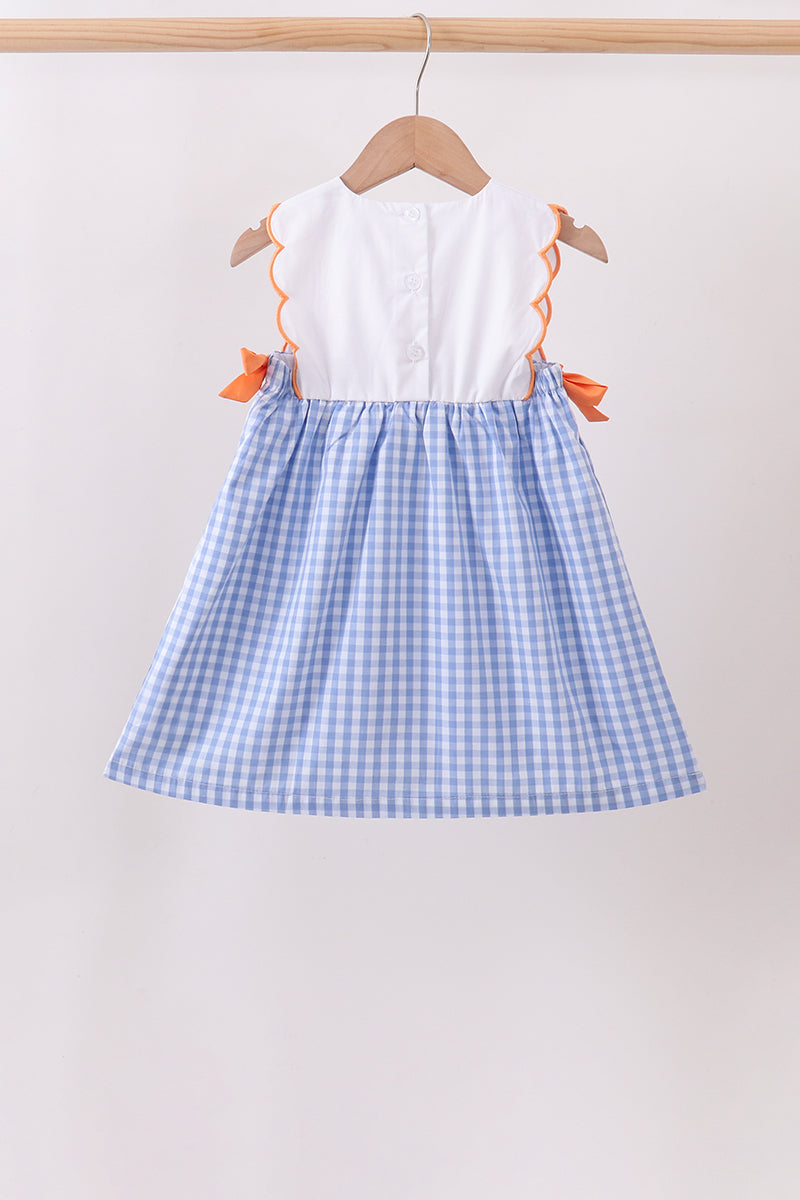 Blue Gingham Pumpkin Embroidery Bow Dress