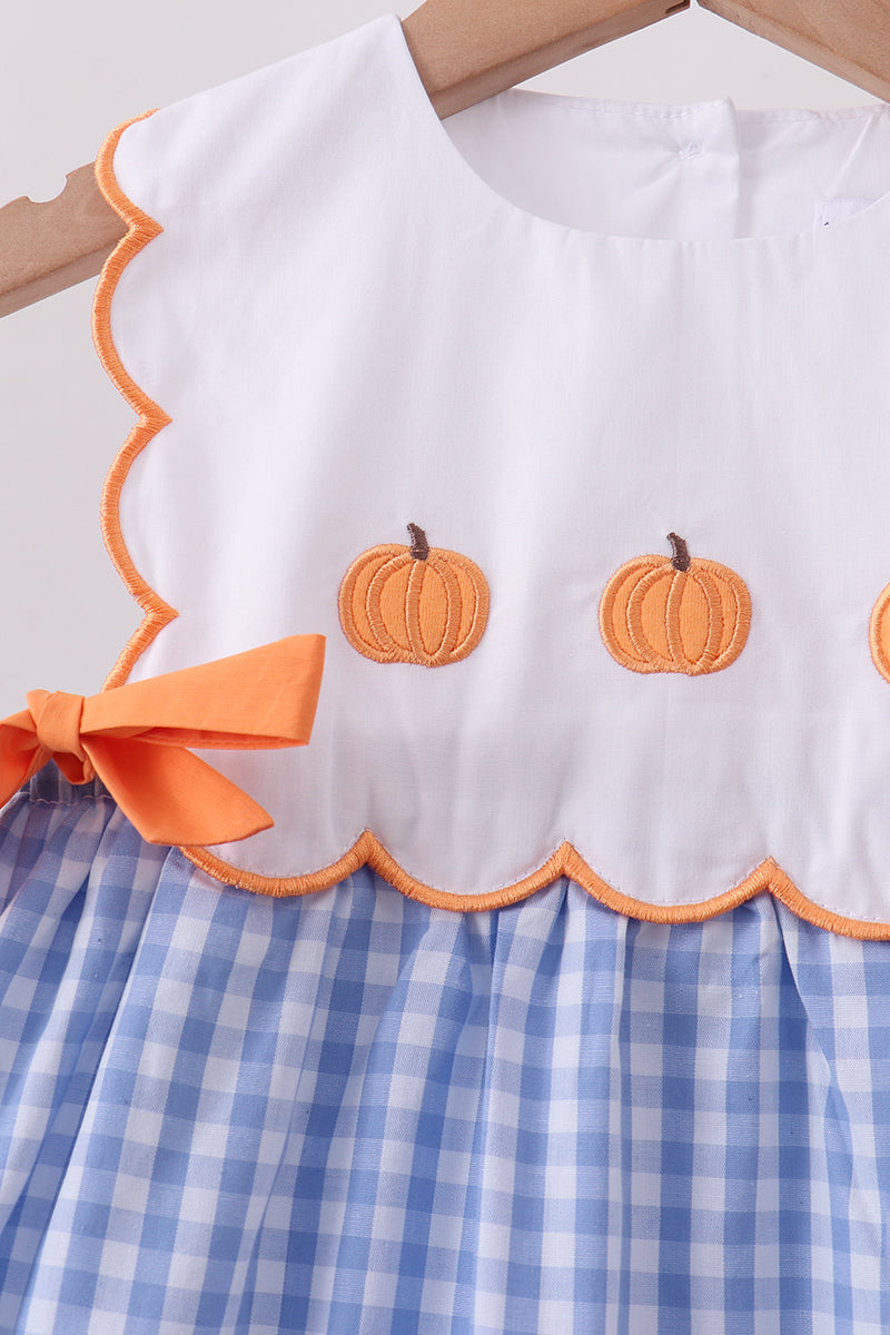 Blue Gingham Pumpkin Embroidery Bow Dress