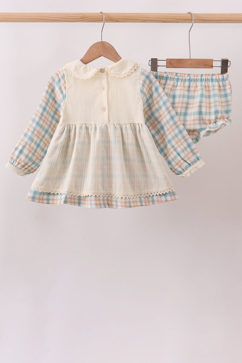 Cream Pumpkin Embroidery Plaid Bloomer Set