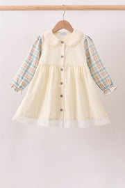 Cream Plaid Button Dress