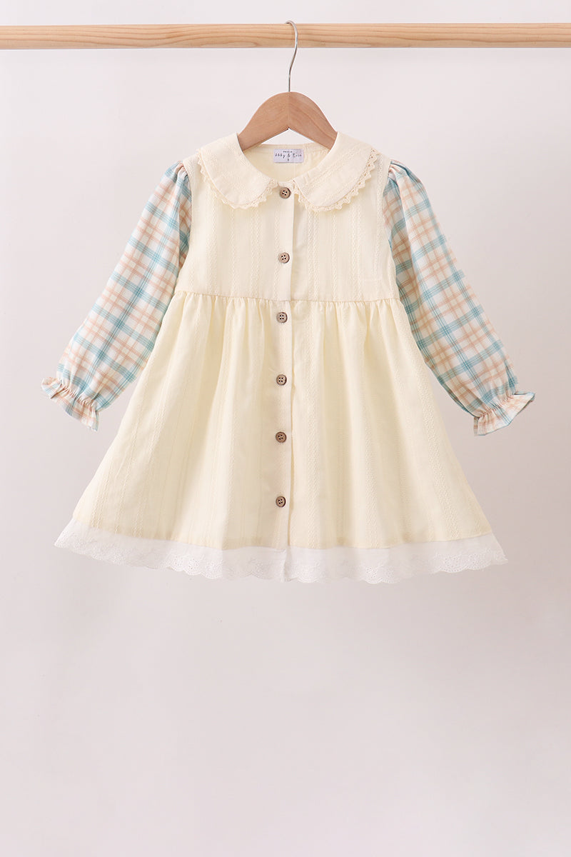 Cream Plaid Button Dress