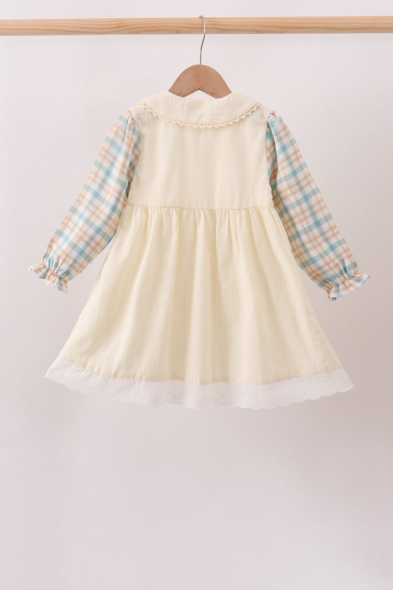 Cream Plaid Button Dress