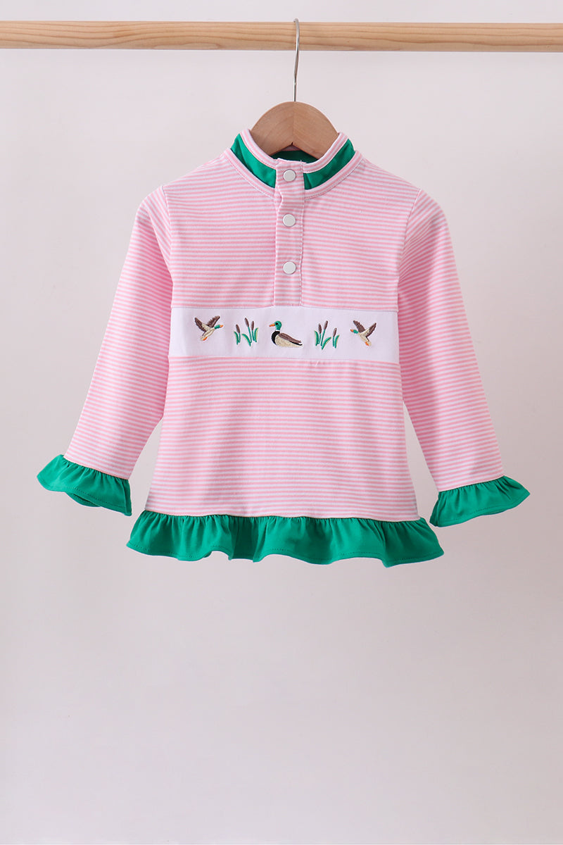 Pink Stripe Duck Embroidery Ruffle Pullover