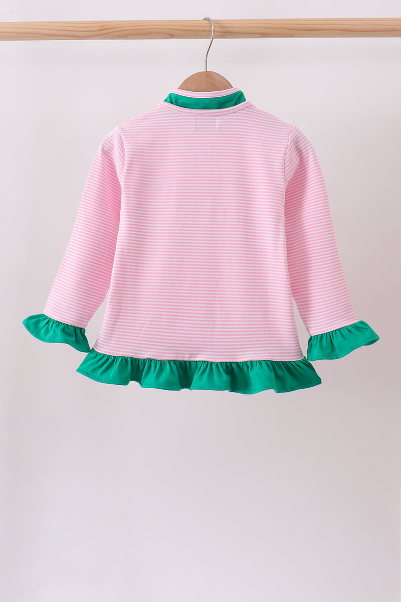 Pink Stripe Duck Embroidery Ruffle Pullover
