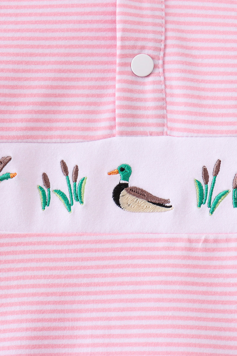 Pink Stripe Duck Embroidery Ruffle Pullover