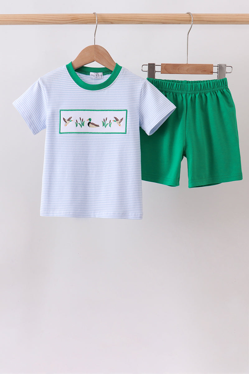 Blue Stripe Duck Embroidery Shorts Set