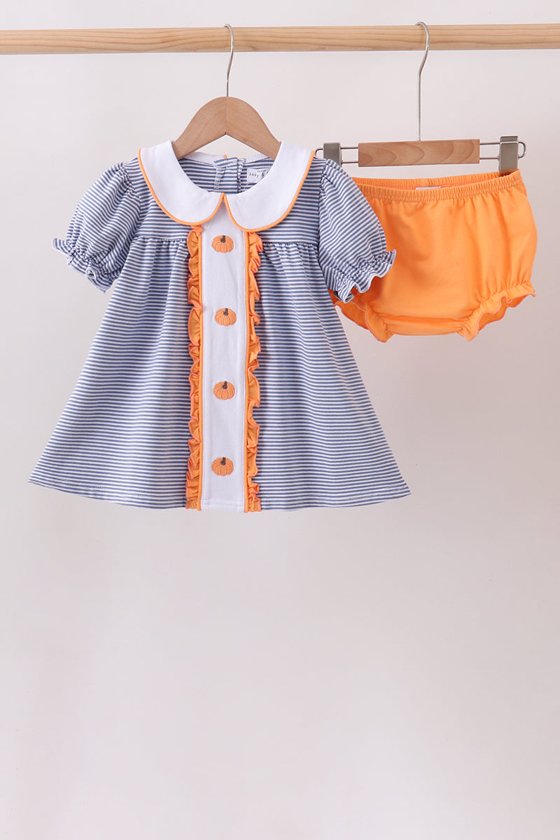 Teal Stripe Pumpkin Embroidery Bloomer Set