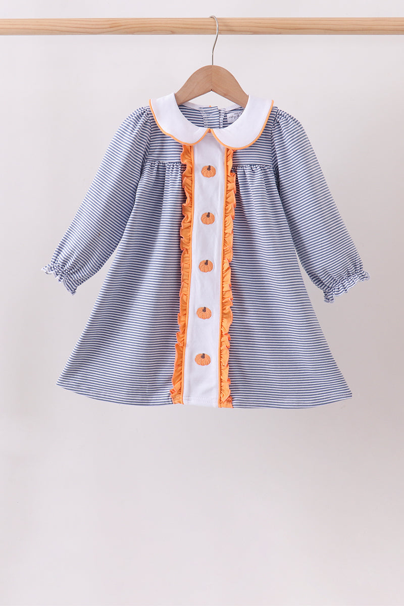 Teal Stripe Pumpkin Embroidery Ruffle Dress