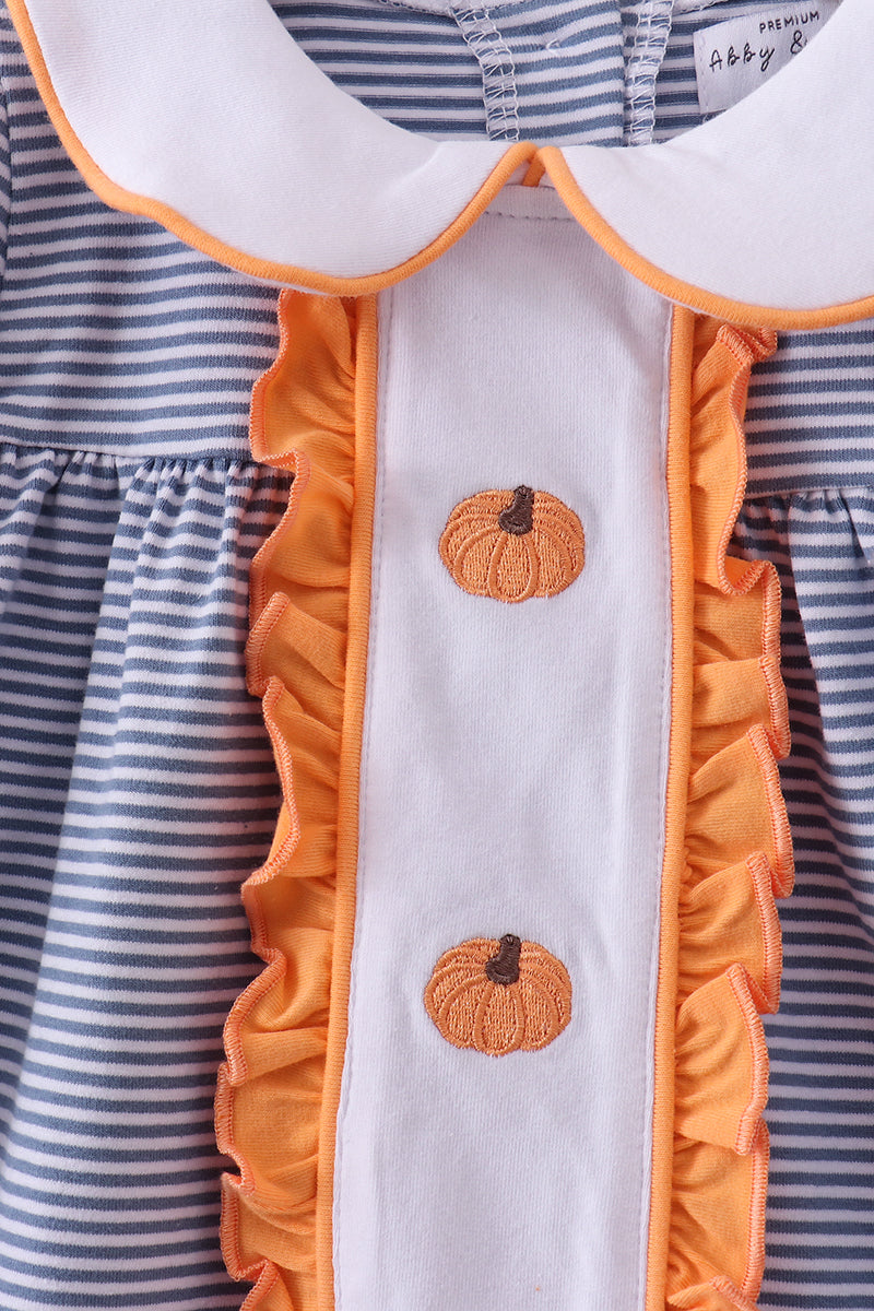 Teal Stripe Pumpkin Embroidery Ruffle Dress