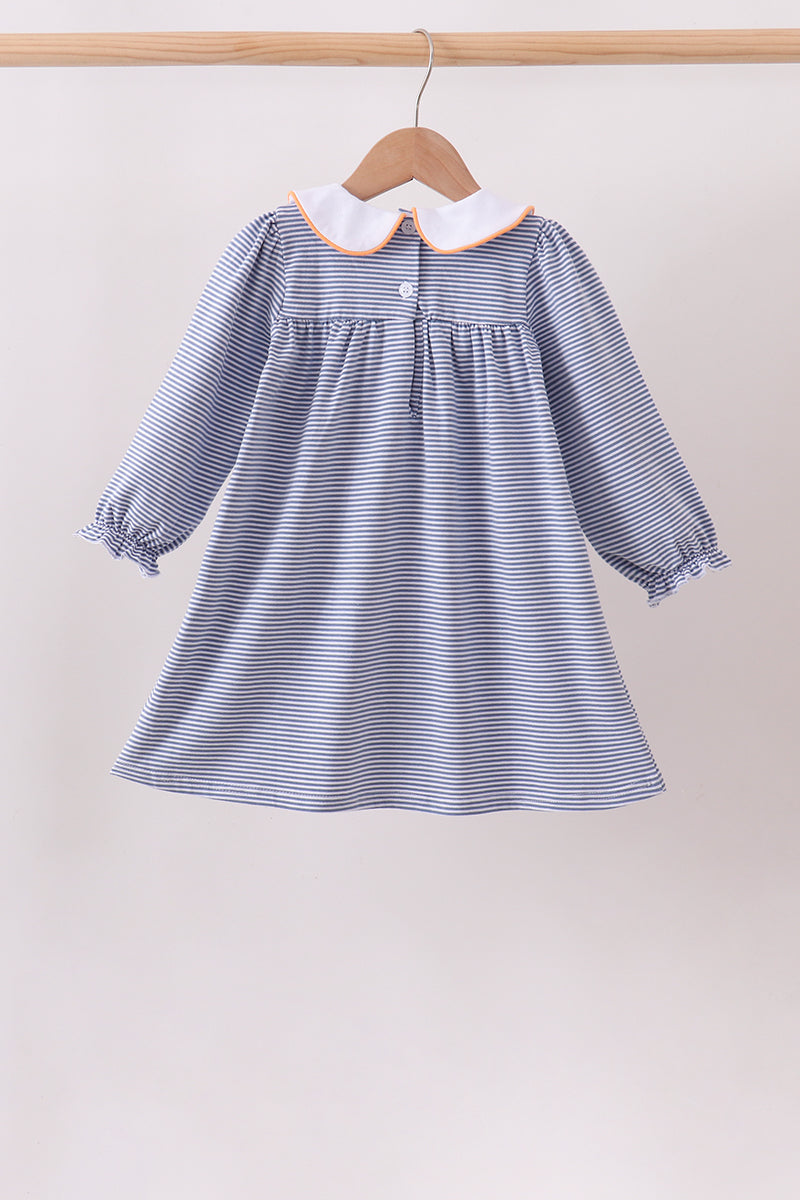 Teal Stripe Pumpkin Embroidery Ruffle Dress