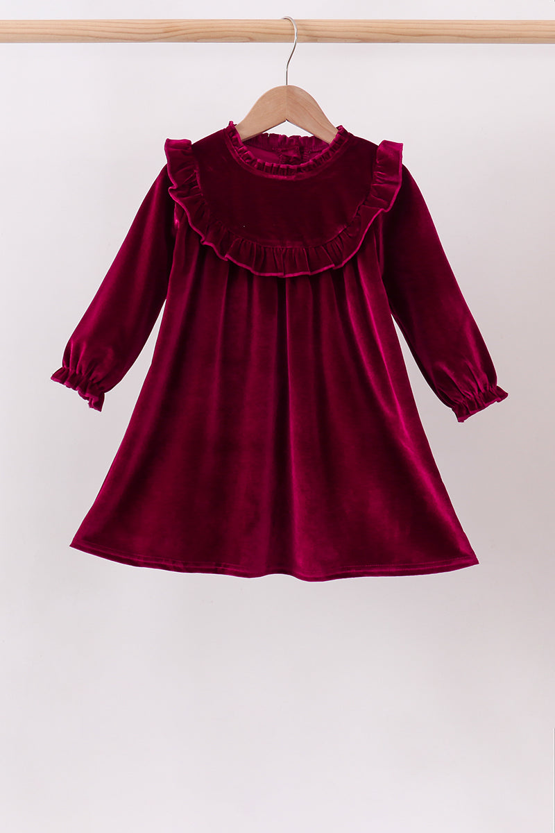 Burgundy Velvet Ruffle Dress