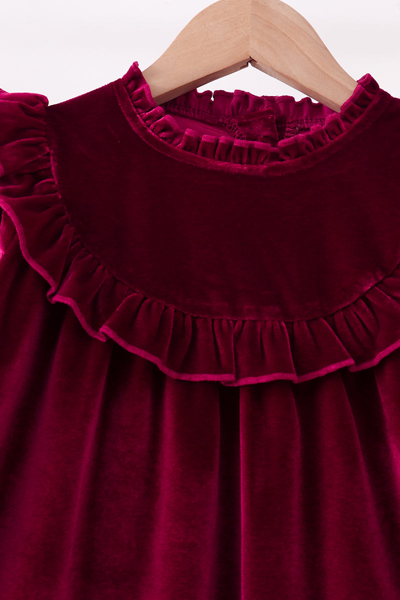 Burgundy Velvet Ruffle Dress
