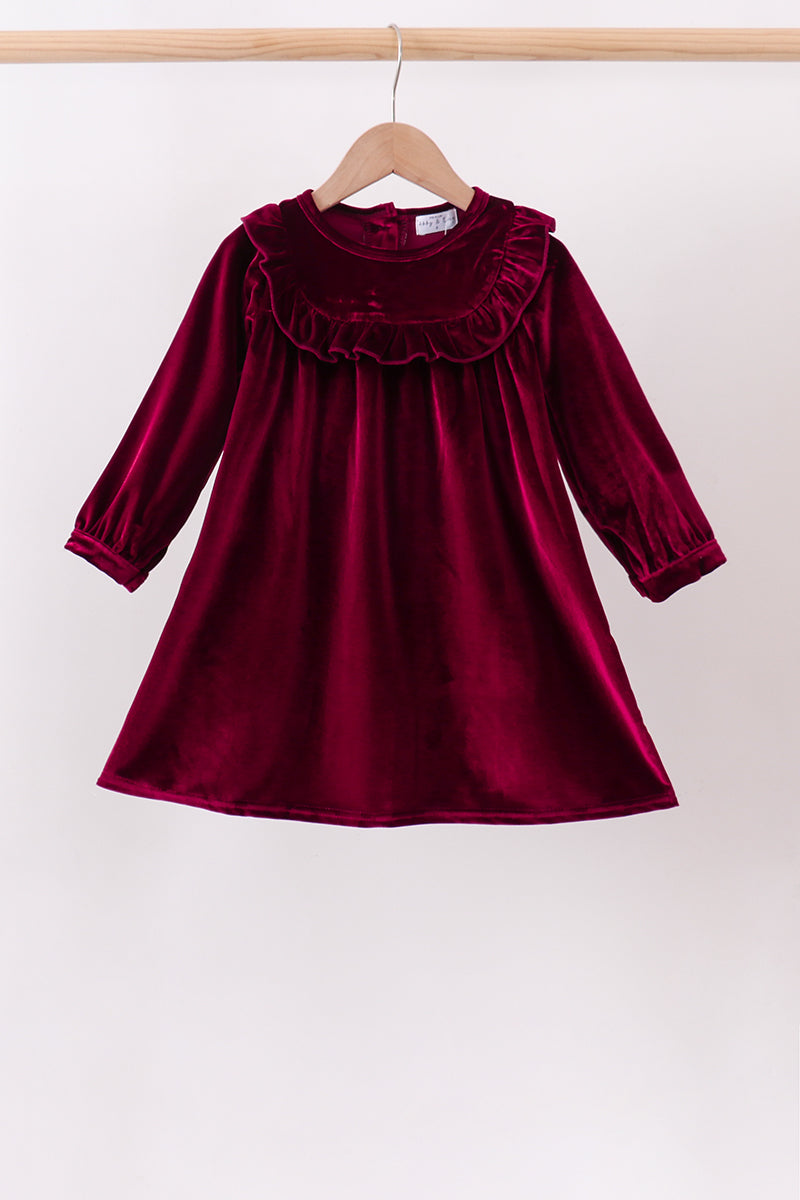 Maroon Velvet Ruffle Dress