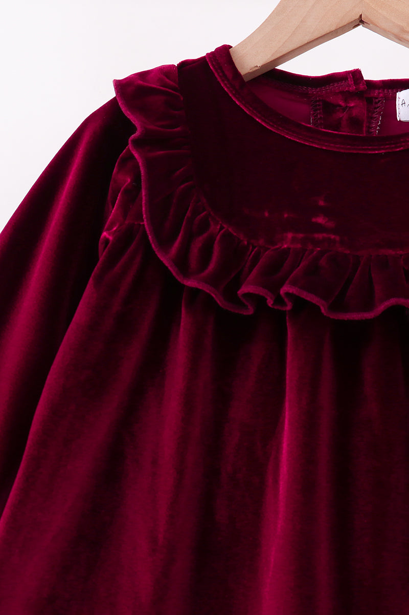 Maroon Velvet Ruffle Dress