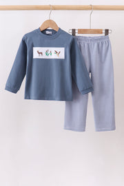 Teal Hunting Embroidery Pants Set