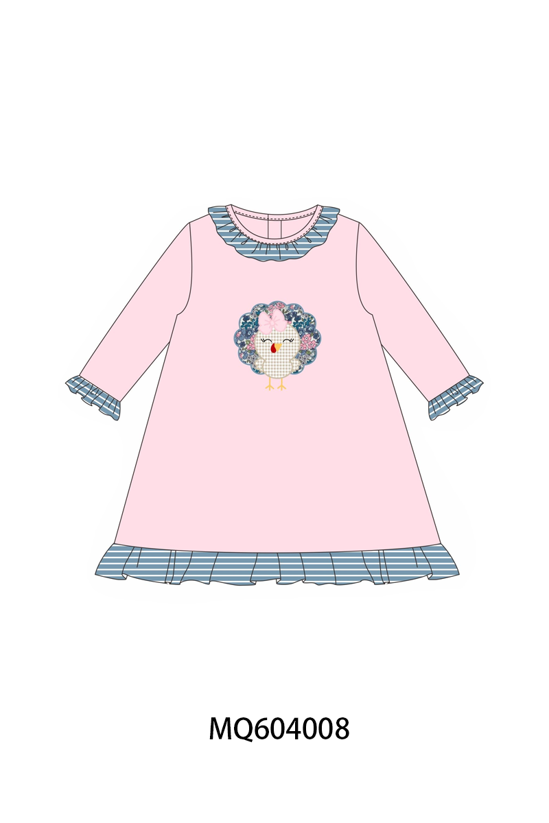 Pink Turkey Applique Ruffle Dress