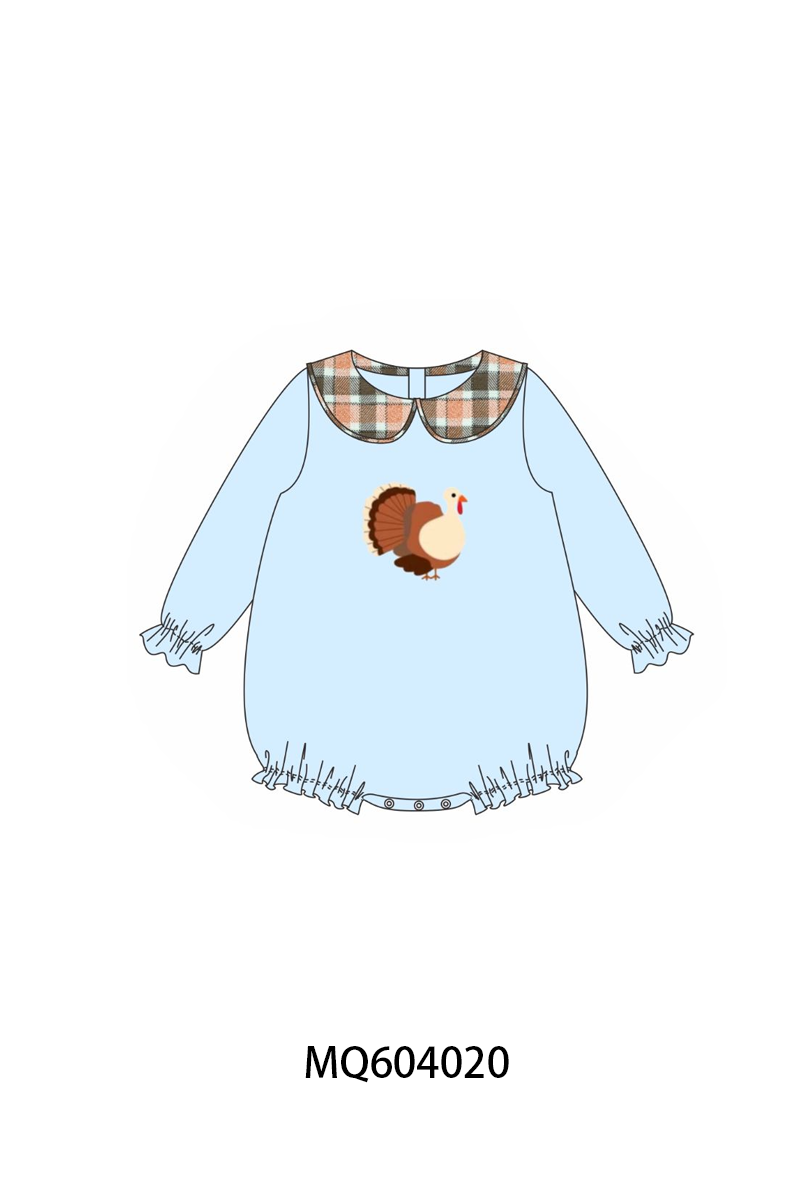 Blue Turkey Embroidery Plaid Ruffle Bubble