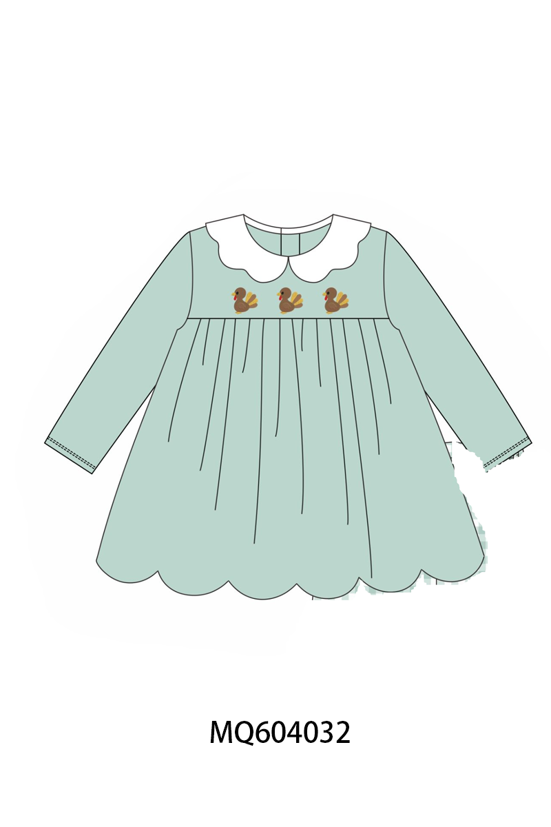 Green Turkey Embroidery Scalloped Dress
