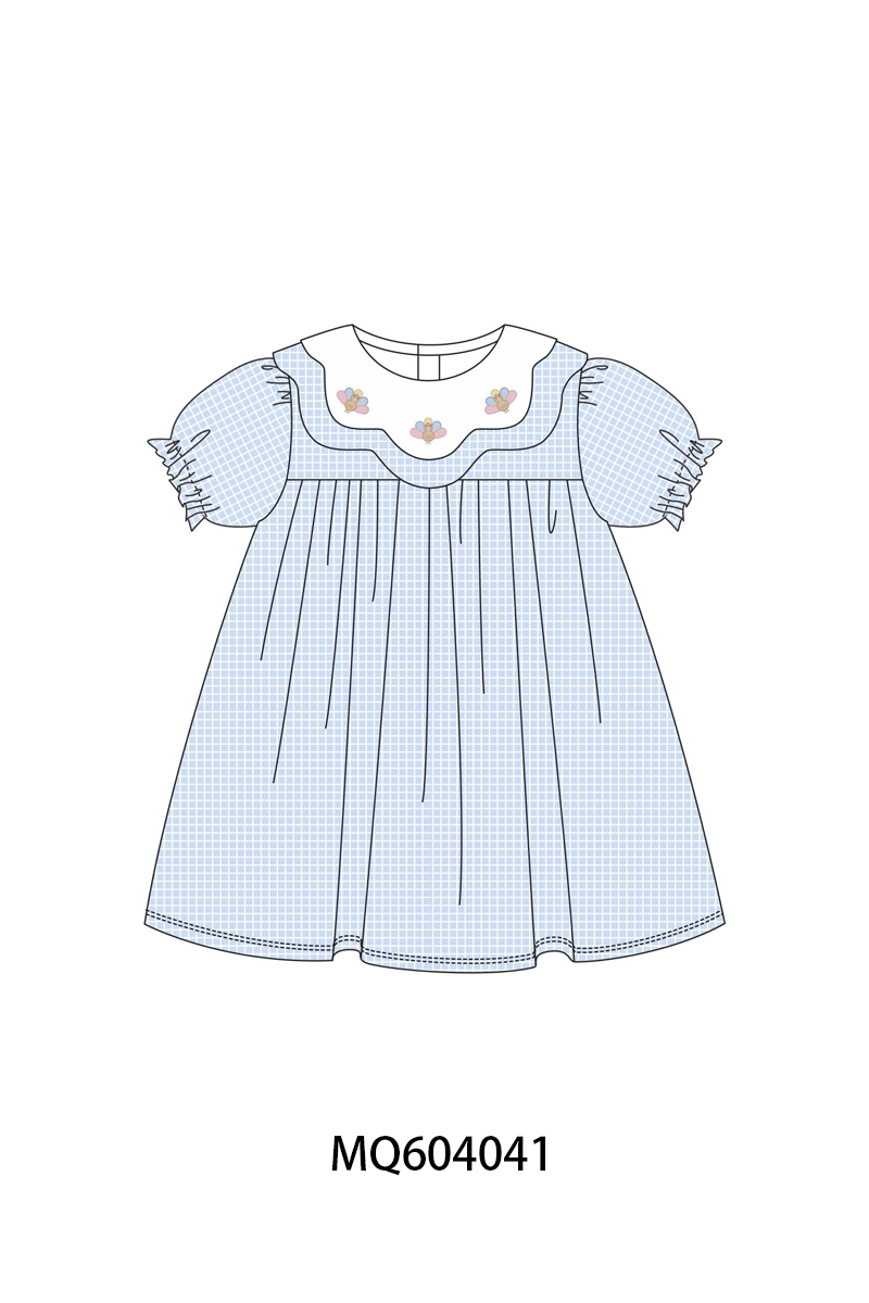 Blue Turkey Embroidery Checkered Dress